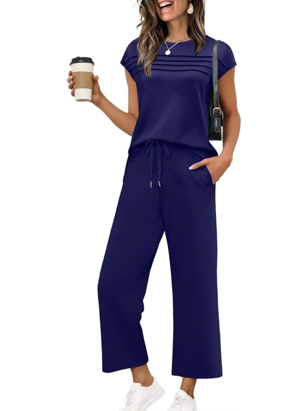 Women's Dark Blue 2 Piece Set Outfit Summer Lounge Sets Travel Matching Set